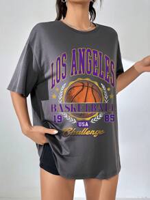 SHEIN EZwear Basketball Sporty Letter Printed Round Neck Drop Shoulder Oversized Loose Fit Women's T-Shirt LOS ANGELES BASKETBALL 19 USA 85 Challenge - Dark Grey - View 3