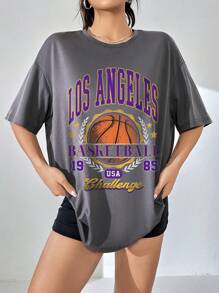 SHEIN EZwear Basketball Sporty Letter Printed Round Neck Drop Shoulder Oversized Loose Fit Women's T-Shirt LOS ANGELES BASKETBALL 19 USA 85 Challenge - Dark Grey - View 4