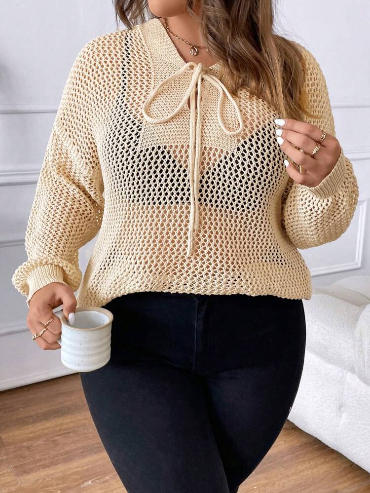 Plus Tie Neck Drop Shoulder Sweater Without Bra Knit Pullover Fall Winter Sweater