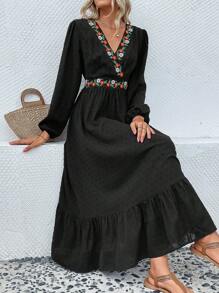 SHEIN VCAY 波西米亞荷葉邊 刺綉花卉印花女士連衣裙 - 黑色 - 查看 3