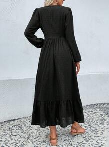 SHEIN VCAY 波西米亞荷葉邊 刺綉花卉印花女士連衣裙 - 黑色 - 查看 2