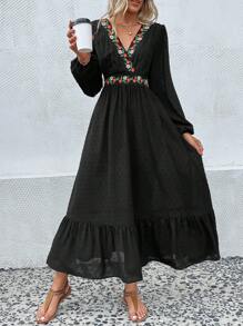 SHEIN VCAY 波西米亞荷葉邊 刺綉花卉印花女士連衣裙 - 黑色 - 查看 4