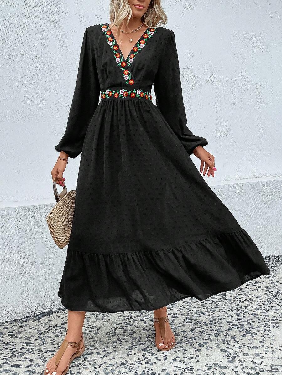 SHEIN VCAY 波西米亞荷葉邊 刺綉花卉印花女士連衣裙 - 黑色 - 查看 1