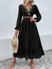 SHEIN VCAY 波西米亞荷葉邊 刺綉花卉印花女士連衣裙 - 黑色 - 查看 6