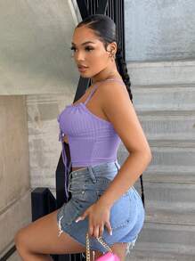 SHEIN SXY Frill Trim Tie Front Cami Top - Purple - View 3