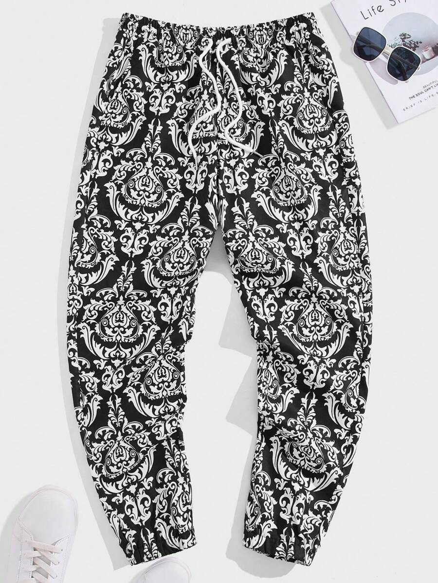 GENTILAND Nam In Toàn bộ Eo dây rút Quần - Đen và trắng - Xem 1