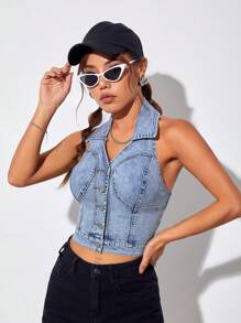 SHEIN EZwear 前紐扣繞頸牛仔上衣 - 淺色水洗藍 - 查看 1