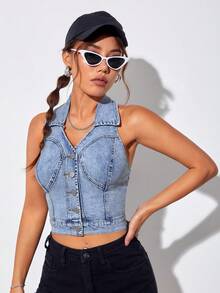 SHEIN EZwear 前紐扣繞頸牛仔上衣 - 淺色水洗藍 - 查看 5