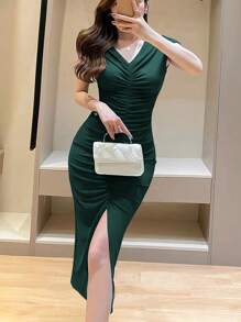 INAWLY Solva Solid Ruched Split Thigh Dress