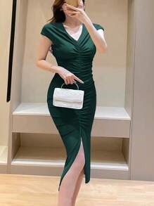 INAWLY Solva Solid Ruched Split Thigh Dress