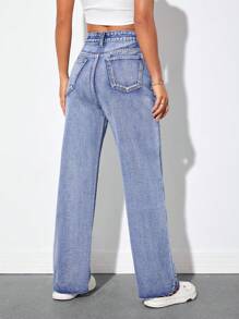 SHEIN EZwear 雙色毛邊牛仔褲 - 中等水洗藍 - 查看 2