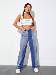 SHEIN EZwear 雙色毛邊牛仔褲 - 中等水洗藍 - 查看 1