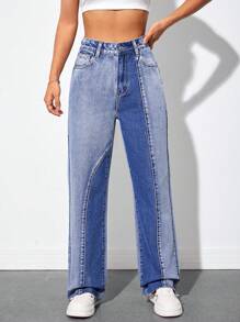 SHEIN EZwear 雙色毛邊牛仔褲 - 中等水洗藍 - 查看 4