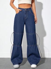 SHEIN EZwear 高腰側打結闊腿牛仔褲 - 藍色 - 查看 1