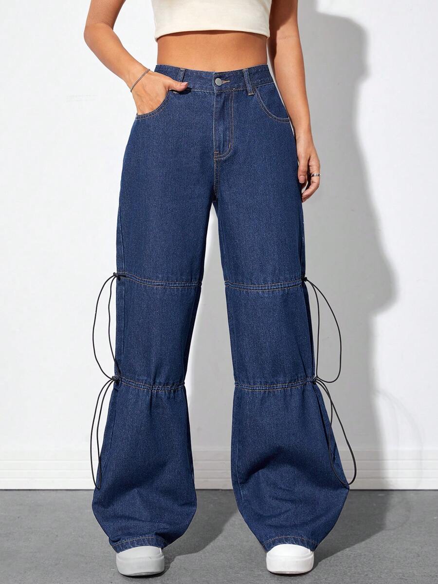 SHEIN EZwear 高腰側打結闊腿牛仔褲 - 藍色 - 查看 1