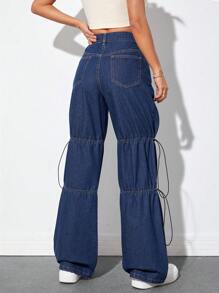 SHEIN EZwear 高腰側打結闊腿牛仔褲 - 藍色 - 查看 2