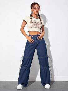 SHEIN EZwear 高腰側打結闊腿牛仔褲 - 藍色 - 查看 3