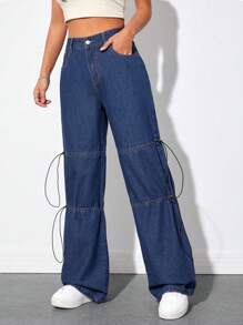 SHEIN EZwear 高腰側打結闊腿牛仔褲 - 藍色 - 查看 4