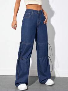 SHEIN EZwear 高腰側打結闊腿牛仔褲 - 藍色 - 查看 5