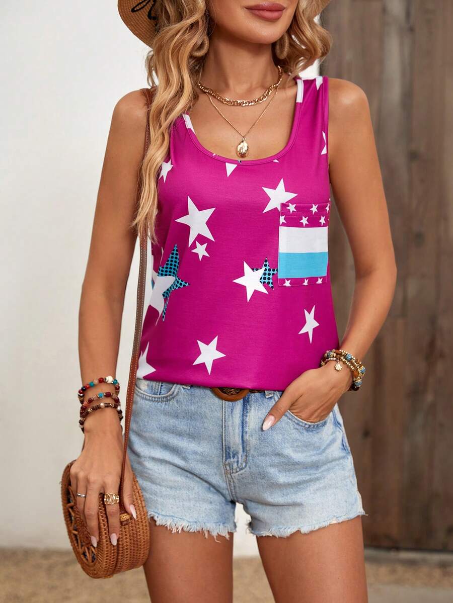 SHEIN LUNE 星星印花背心上衣 - 中紫紅色 - 查看 1