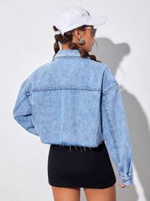 SHEIN EZwear Drop Shoulder Raw Hem Denim Jacket - Light Wash - View 2