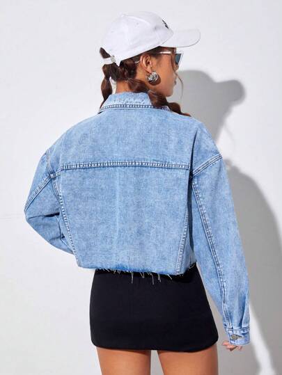 SHEIN EZwear 落肩袖毛邊牛仔夾克