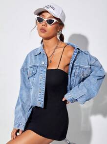 SHEIN EZwear Drop Shoulder Raw Hem Denim Jacket - Light Wash - View 4