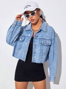 SHEIN EZwear Drop Shoulder Raw Hem Denim Jacket - Light Wash - View 5
