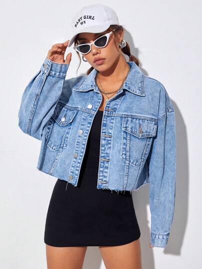 SHEIN EZwear Drop Shoulder Raw Hem Denim Jacket