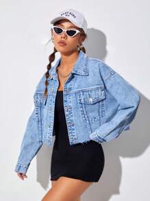 SHEIN EZwear Drop Shoulder Raw Hem Denim Jacket - Light Wash - View 6