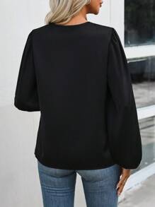 EMERY ROSE Chain Detail Lantern Sleeve Blouse - Black - View 2