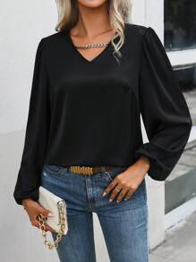 EMERY ROSE Chain Detail Lantern Sleeve Blouse - Black - View 3