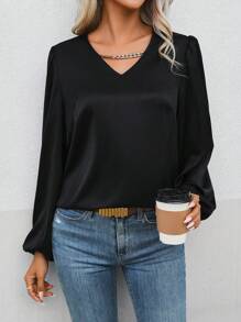 EMERY ROSE Chain Detail Lantern Sleeve Blouse - Black - View 6