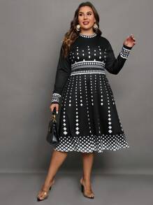 SHEIN Clasi Plus Geo Print A-line Dress - Black and White - View 1