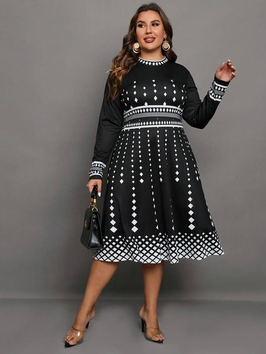 SHEIN Clasi Plus Geo Print A-line Dress - Black and White - View 1