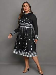SHEIN Clasi Plus Geo Print A-line Dress - Black and White - View 4