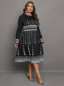 SHEIN Clasi Plus Geo Print A-line Dress - Black and White - View 5