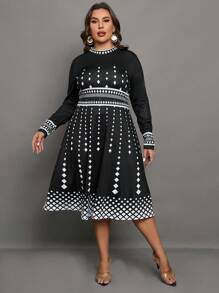 SHEIN Clasi Plus Geo Print A-line Dress - Black and White - View 6