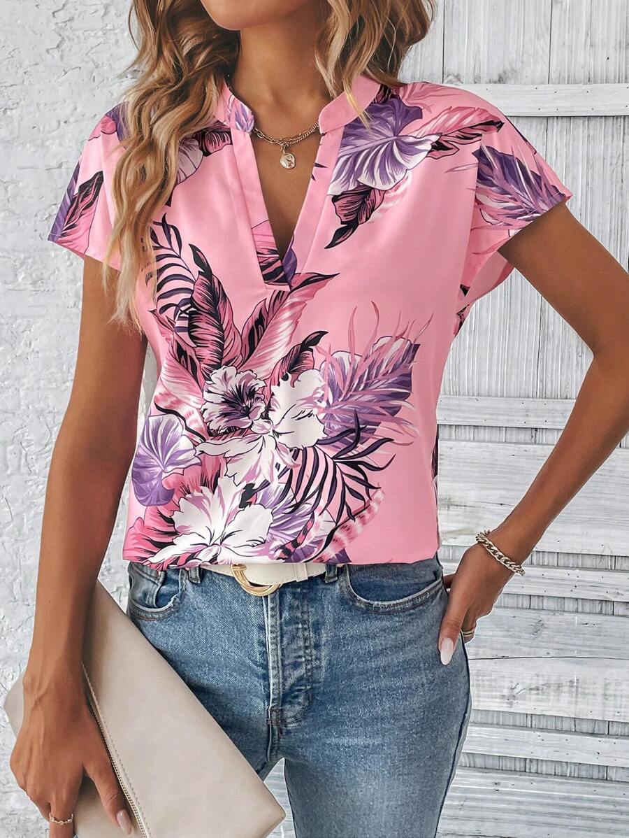 SHEIN Clasi 熱帶圖案蝙蝠袖襯衫 - 粉色 - 查看 1