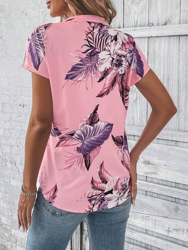 SHEIN Clasi 熱帶圖案蝙蝠袖襯衫 - 粉色 - 查看 2