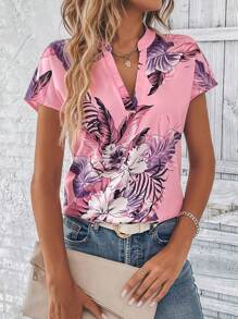 SHEIN Clasi 熱帶圖案蝙蝠袖襯衫 - 粉色 - 查看 4
