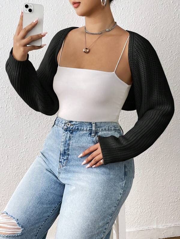 SHEIN EZwear Plus Ribbed Knit Black Cardigan, For Winter