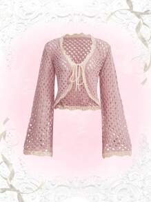 ROMWE Kawaii Hollow Out Tie Front Cardigan - Pink - View 1