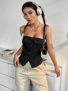 SHEIN Unity 素色前紐扣抹胸上衣 - 黑色 - 查看 1