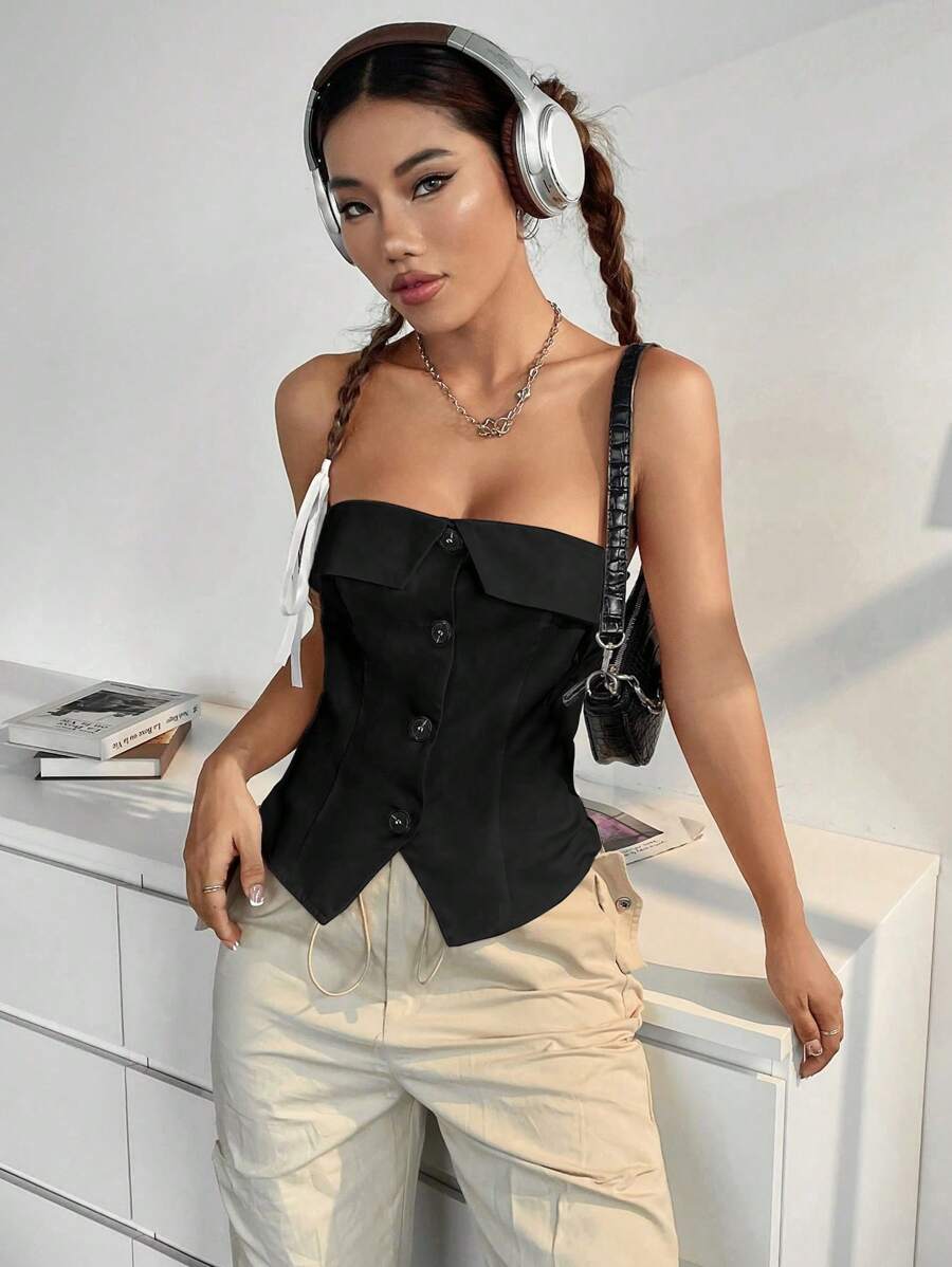 SHEIN Unity 素色前紐扣抹胸上衣 - 黑色 - 查看 1