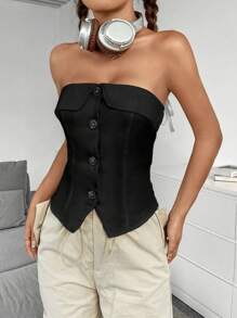 SHEIN Unity 素色前紐扣抹胸上衣 - 黑色 - 查看 3