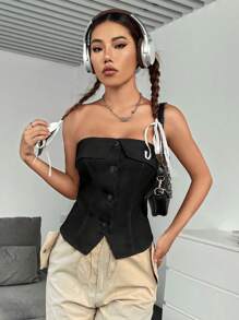 SHEIN Unity 素色前紐扣抹胸上衣 - 黑色 - 查看 4