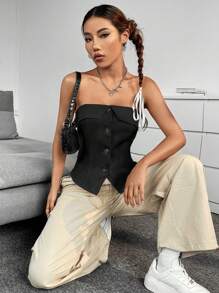 SHEIN Unity 素色前紐扣抹胸上衣 - 黑色 - 查看 5