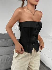 SHEIN Unity 素色前紐扣抹胸上衣 - 黑色 - 查看 6