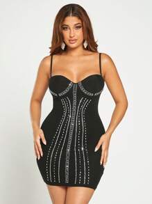 SHEIN SXY 水鑽細節緊身洋裝 - 黑色 - 查看 1